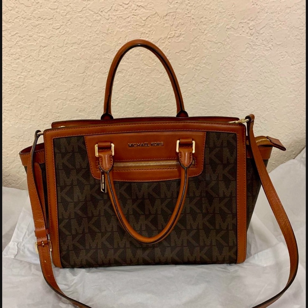 Michael Kors Brown and Tan Satchel with Structured Design